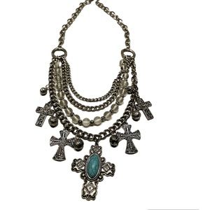 Western turquoise cross multilayered necklace